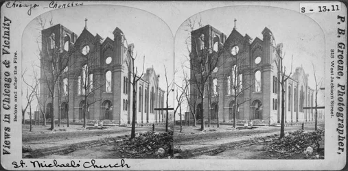 Stereograph der St. Michaels Church nach dem Chicago-Feuer von 1871, 1871